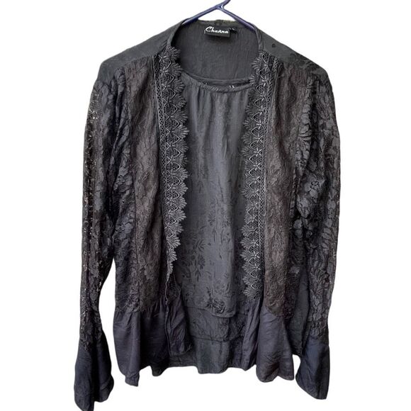 Channa’ size L black on black embroidered satin lace 2 piece tank & Cardigan - Picture 1 of 8